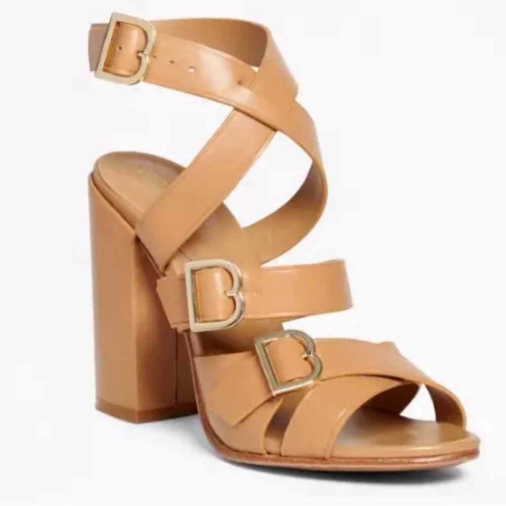 Brooks Brothers Multi Strap Stacked Tan Sandals "B" Buckles Block Heel